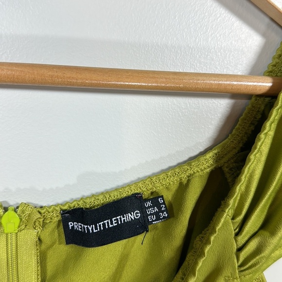 PrettyLittle Thing Olive Satin Bardot Tassel Hem Draped Midi Dress Satin Formal - Picture 11 of 16